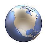 North America on elegant metallic model of planet Earth with blue ocean and shiny embossed continents with visible country borders. 3D illustration isolated on white background.