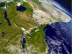 Tanzania with surrounding region as seen from Earth's orbit in space. 3D illustration with highly detailed planet surface and clouds in the atmosphere. Elements of this image furnished by NASA.