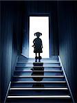 Little girl on steps leading from a dark basement to open the door. 3d render