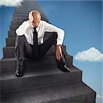 3D Rendering thoughtful businessman sitting on the steps of an infinite scale