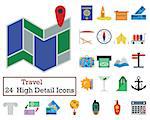 Set of 24 Travel Icons. Flat color design. Vector illustration.