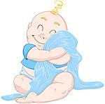 Vector illustration of a cute baby boy hugging a blue blanket.