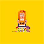 Stock vector illustration a girl is holding a pumpkin, character for halloween in a flat style