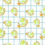 School globes vector seamless pattern. Blue world globes on checkered graph paper background.
