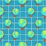 School globes vector seamless pattern. World sphere on checkered paper blue background.