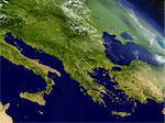 Greece with surrounding region as seen from Earth's orbit in space. 3D illustration with highly detailed planet surface and clouds in the atmosphere. Elements of this image furnished by NASA.