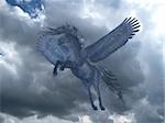 A black Pegasus horse rises on powerful wings up into a blue sky with billowing white clouds.