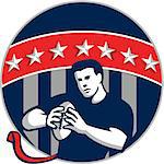 Illustration of a flag football player QB holding ball running set inside circle with stars and stripes in the background done in retro style.