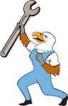 Illustration of a mechanic american bald eagle holding spanner standing with one leg bent looking to the side set on isolated white background done in cartoon style.