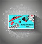 Money Investment concept with Doodle design style saving solution, investmen studies, stock graphs. Modern style illustration for web banners, brochure and flyers.