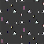 Vector seamless pattern with geometric shapes. Blue triangles and pink rectangles fine print black background.