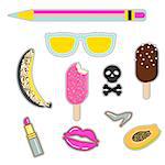 Patches sticker set. Vector pin badges - sunglasses, banana, icecream, skull and lipstick icons.