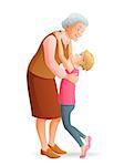 Happy smiling grandmother hugging her granddaughter. Cartoon vector illustration isolated on white background.