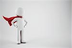 3D Rendering of small white little man with red hero cape