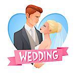 Elegant wedding embracing couple in love watching on each other. Cartoon vector illustration in heart shape frame with text on ribbon.
