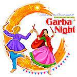 illustration of couple playing Dandiya in disco Garba Night poster for Navratri Dussehra festival of India