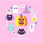 Halloween Party Trendy Poster. Cute Design Vector Illustration. Set of Trick or Treat Objects.