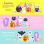 Halloween Trendy Web Horizontal Banners. Flat Style Vector Illustration for Website Header. Trick or Treat Objects.