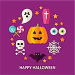 Happy Halloween Greeting Card. Flat Poster Design Vector Illustration. Collection of Trick or Treat Objects.