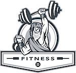 Illustration of a berserker, a champion Norse warrior wearing pelt of bear skin lifting barbell and kettlebell viewed from front set inside circle with the word text Fitness inside banner done in retro style.