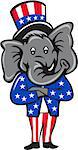 Illustration of an American Republican GOP elephant mascot standing and arms crossed wearing usa stars and stripes top hat and suit viewed from front set inside circle on isolated background done in cartoon style.