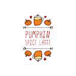 Hand-sketched typographic element with pumpkins, hearts, pumpkin spice latte and text on white background. Pumpkin spice latte