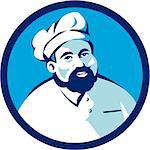 Illustration of a baker chef cook with beard wearing hat smiling facing front set inside circle on isolated background done in retro style.