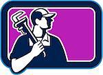Illustration of a plumber holding pipe wrench on shoulder looking to the side viewed from front set inside rectangle shape on isolated background done in cartoon style.