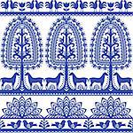 Vector blue design of horse, tree and chickens - folk design from the region of Kurpie in Poland