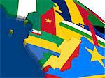 Map of Cameroon, Gabon and Congo with embedded flags on 3D political map. Accurate official colors of flags. 3D illustration