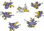 Funny humorous sketch depicting how many black crows make fun of only white crow in sky. Vector cartoon illustration.