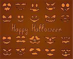 Set of 20 different facial expressions for Halloween on a brown background and the words Happy Halloween