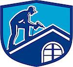 Illustration of a roofer construction worker wearing hat working on roof with hand drill viewed from the side set inside shield crest done in retro style.