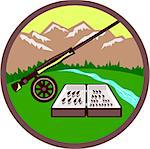 Illustration of a fly box and rod on wheel set inside circle with mountains, grass, trees and river in the background done in retro style.