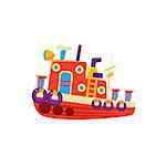 Steamer Fishing Toy Boat Bright Color Icon In Simple Childish Style Isolated On White Background
