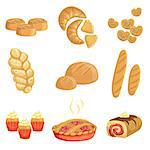 Pastry And Bread Bakery Assortment Set Of Isolated Icons. Simplified Realistic Flat Vector Drawings On White Background.