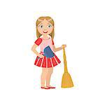 Girl Holding The Broom And Duster Simple Design Illustration In Cute Fun Cartoon Style Isolated On White Background