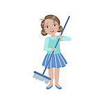 Girl Sweeping The Floor With The Broom Simple Design Illustration In Cute Fun Cartoon Style Isolated On White Background