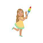 Girl Cleaning Up With Dust Brush Simple Design Illustration In Cute Fun Cartoon Style Isolated On White Background