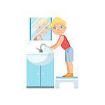 Boy Washing Hands In Bathroom Tap Simple Design Illustration In Cute Fun Cartoon Style Isolated On White Background