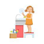 Girl Washing The Dishes In Tap Simple Design Illustration In Cute Fun Cartoon Style Isolated On White Background