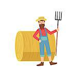 Farmer With The Beard With Hay Stack Roll Simple Childish Flat Colorful Illustration On White Background