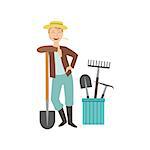 Guy Leaning On Spade With Bucket Of Other Farm Equipment Behind Simple Childish Flat Colorful Illustration On White Background