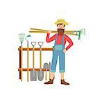 Bearded Man With Stack Of Farming Equipment Simple Childish Flat Colorful Illustration On White Background