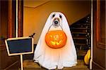 dog sit as a ghost for halloween in front of the door  at home entrance with pumpkin lantern or  light , scary and spooky with placard or banner