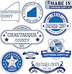 Chautauqua county, New York. Set of generic stamps and signs including Chautauqua county map and seal elements.