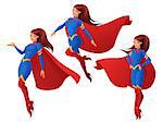 Set of women in blue and red superhero outfit in three different poses. Cartoon vector illustration isolated on white background.