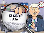 Officeman in Office Showing Text on Paper Smart Data. Closeup View through Magnifying Glass. Multicolor Doodle Style Illustration.