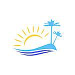 Symbolic vector image. Island with palm trees for tourists and vacationers. The rising of the sun. The waves on the shore.