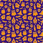 Halloween seamless pattern in orange and violet colors. Vector spooky background with pumpkin, bats, ghost and skull holiday symbols.